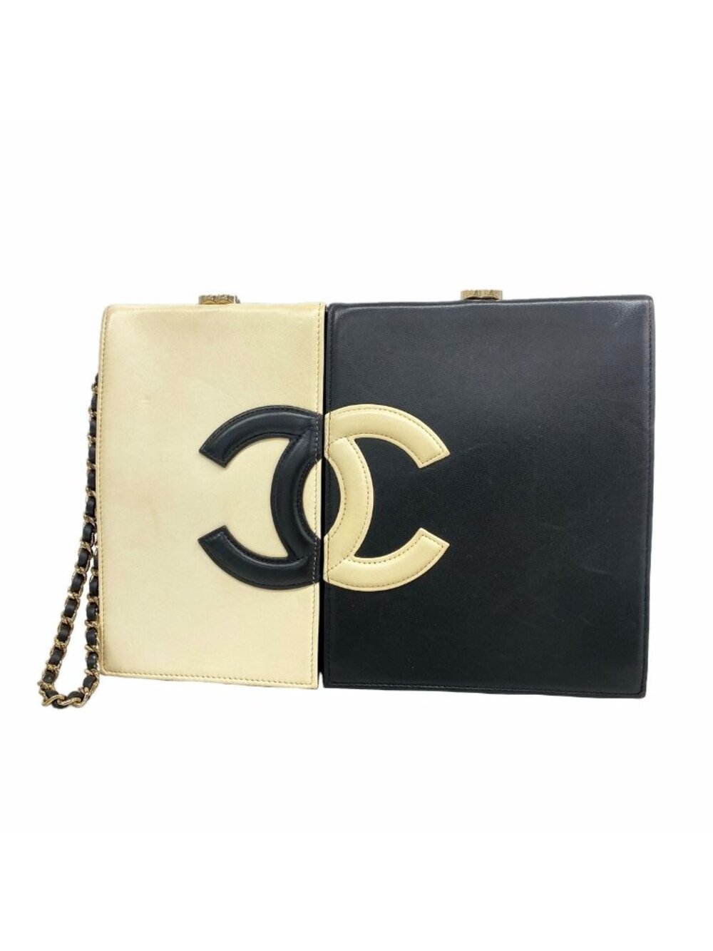 Chanel Clutch Lambskin Black Ivory Champagne Gold